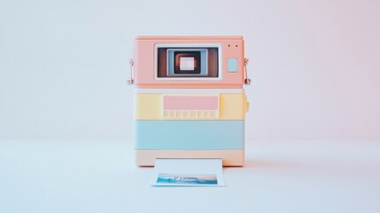 Polaroid instant camera in pastel color isolated on white background with photo print halfway out 