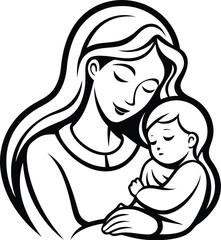 A woman with a baby in her arms Silhouette, Mother holds baby line art design, Vector illustration, Mother holding baby silhouette.