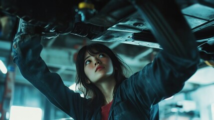 Young mechanic working under a car in garage