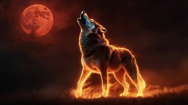 A dog stands in a field with a red moon in the background. smooth and dark repeating motion for background video animation