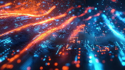 Digital Data Streams: Abstract representation of interconnected data streams. Dynamic lines of light pulse and weave across a surface.