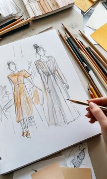 Professional fashion designer draws clothes sketches on a notebook using colored pencils, surrounded by various drawing tools and color palettes on a wooden table