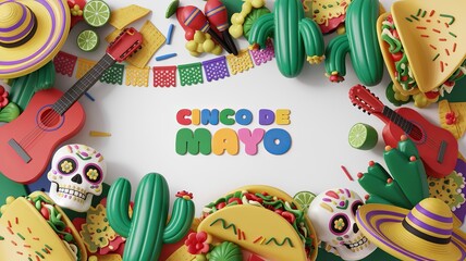 Naklejka premium Vibrant Mexican Culture Display with Sombreros, Sugar Skulls, and Festive Foods background, for cinco de mayo