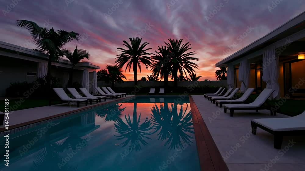 Poster palm trees and a vibrant sunset create a picturesque reflection in the calm waters of a resort pool,