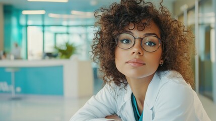 Young female doctor in modern clinic, focused on patient