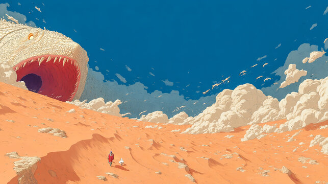 giant sandworm emerging from desert with human for scale
