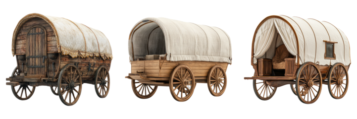 Covered wooden wagons with canvas tops isolated on transparent PNG image perfect for pioneer or western-themed illustrations