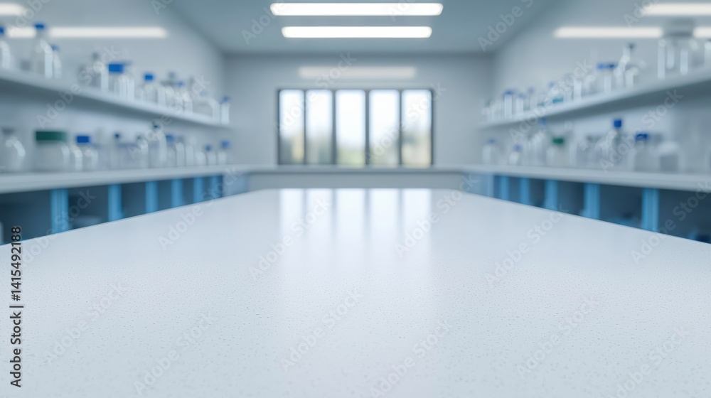 Poster empty white tabletop in a blurred laboratory setting emphasizing pharmaceuticals and biotech product