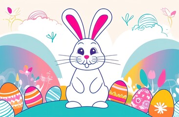 Fototapeta premium happy Easter. Colorful eggs and a rabbit. An atmospheric, beautiful, stylish postcard. Easter holiday.