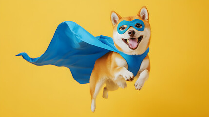 A dog in a blue cape is flying through the air.