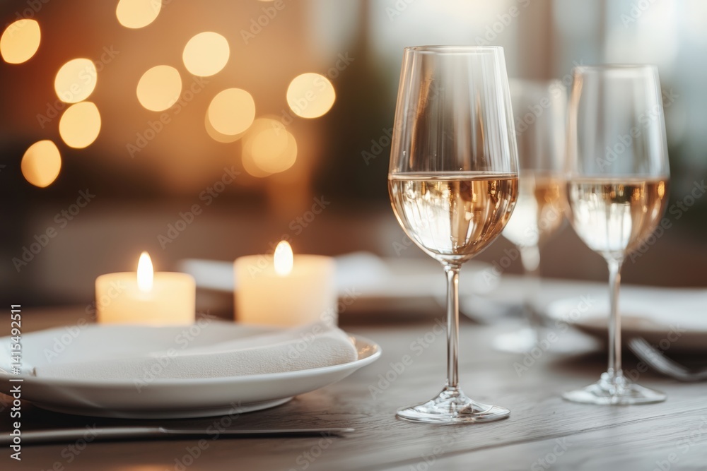Poster elegant table setting with wine glasses and candles creating cozy ambiance