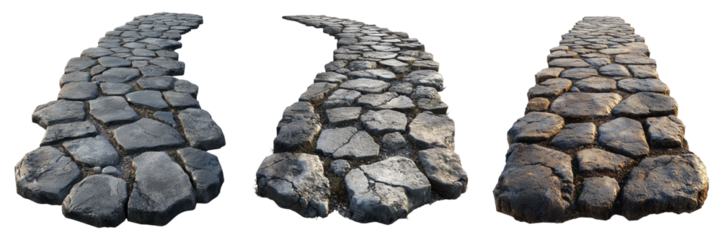 Cobblestone path segments in various layouts isolated on transparent PNG image perfect for fantasy maps or medieval game assets