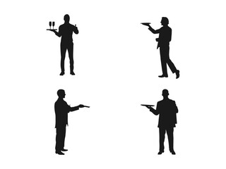 server holding a tray silhouette. Full length of a silhouette waiter with a wine glass. Waitress silhouette holding a tray with wine glasses and a bottle. Silhouette vector on a white background.