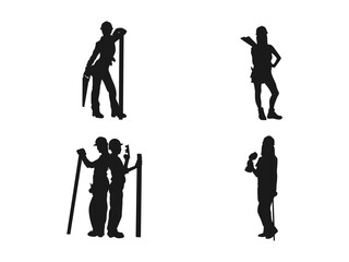 A woman sews a piece of wood, a silhouette icon. A carpenter works with a tool on wood. joiner silhouette with a German job. construction worker with a saw silhouette vector on a white background.