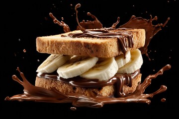 A mouthwatering chocolate and banana sandwich, with chocolate spread and a splash effect against black.
