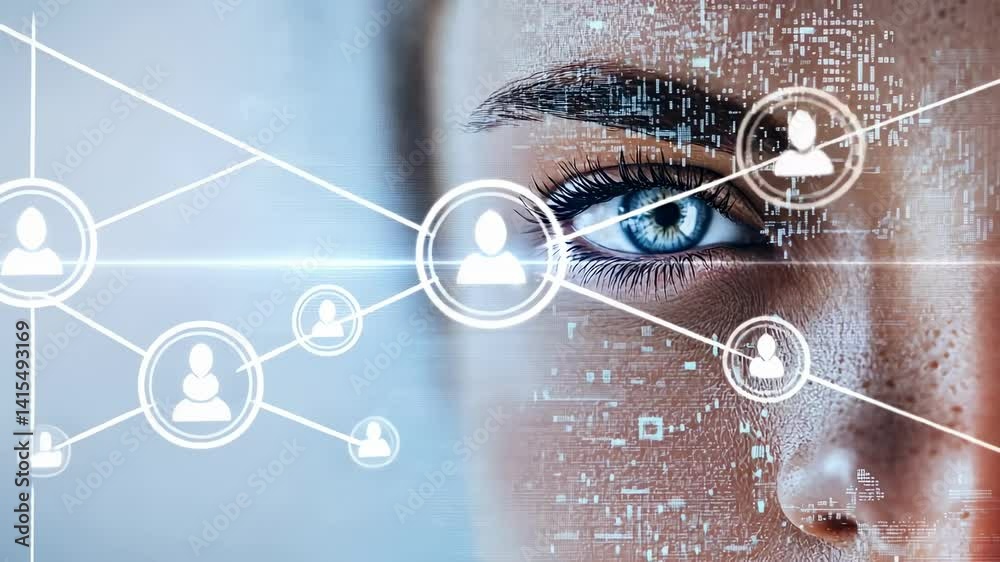 Poster Futuristic vision of a woman's eye showcasing a digital user interface with data analysis, symbolizing technological advancements in eye tracking, biometrics, and visual recognition