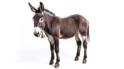 Obraz premium Donkey isolated on a white background with a bell around its neck standing peacefully