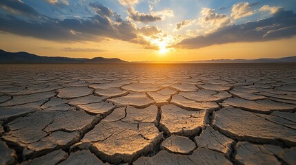 Vast, cracked earth stretches beneath a fiery sunset.