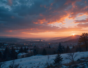 Snowy Town at Sunset with Colorful Sky and Distant Hills