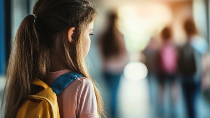 Young girl with backpack observing classmates in school