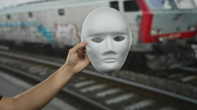 Man holding white mask at outdoor train station with railway and moving train in background, captured in natural daylight setting.