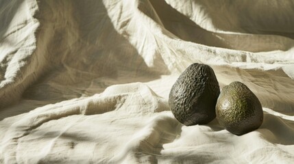 Obraz premium Two avocados on beige fabric