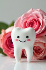 The tooth figurines are surrounded by flowers. the stomatology clinic. A festive medical concept. vertically