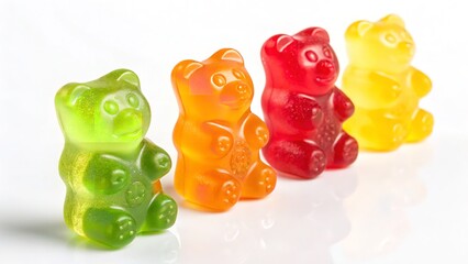 Four colorful gummy bears stand in a row, perfect for a sweet treat or snack.