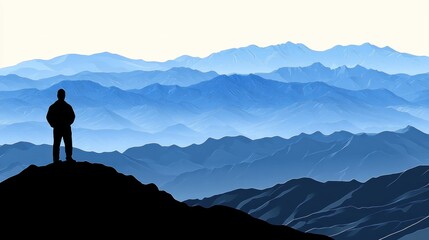 Silhouette of a person atop a mountain range, gazing at distant peaks.