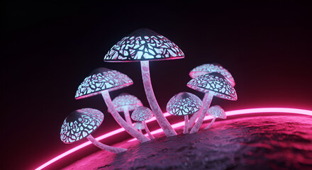 Bioluminescent mushrooms with metal caps growing on a neon-lit surface