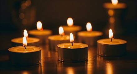 Burning Candles Creating a Warm Glow on Wooden Surface