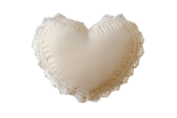 Heart-shaped pillow with delicate lace trim, perfect for home decor, comfort, and style, isolated on white background.