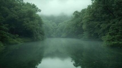 Misty Forest River Scene
