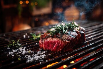 Bold composition capturing a dry aged steak on a grill in mid barbecue, with visible juices, herbs, and salt contrast in an outdoor rustic environment