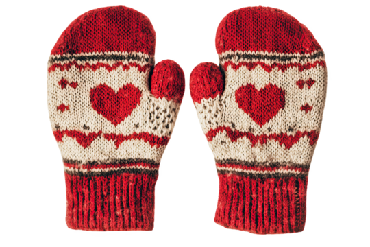 Pair of knitted red and white mittens with heart pattern on a white isolate background.