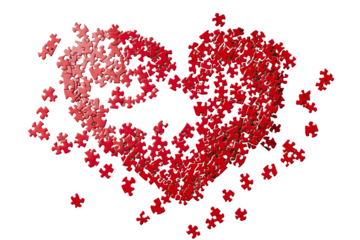 Red heart shape created with small circles, white isolated background.