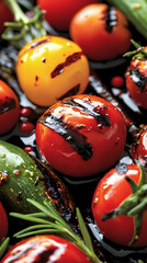 Fototapeta premium Grilled Cherry Tomatoes and Zucchini with Fresh Herbs on Dark Platter