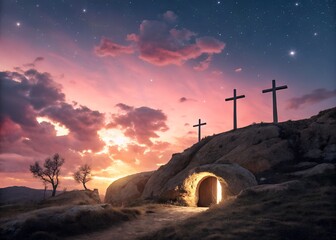 ethereal golgotha scene radiant holy cross dramatic suggests the moment of resurrection—triumph over death and the dawn of new hope. Text highlight "Holly Saturday"