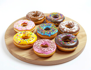 Assorted Colorful Donuts with Frosting and Sprinkles on Wooden Tray