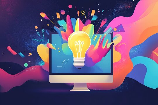 Creative solution or idea for web banner design or landing page template for creative agency with hands coming out of the screen with light bulbs and colorful abstract geometric shapes and lead - Powered by Adobe