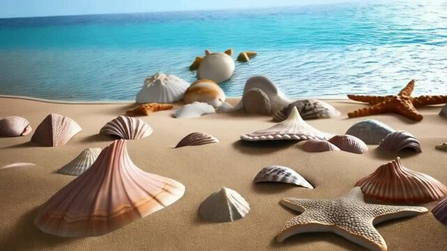 Seashells and Starfish on Sandy Beach Background ,Video 4K