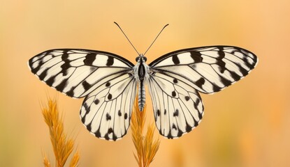 Butterfly with black and white patterned wings resting on a wheat stalk.