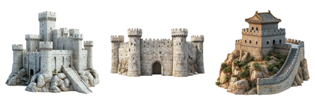 Medieval castles on rock foundations isolated on transparent PNG image perfect for fantasy or historical reconstructions