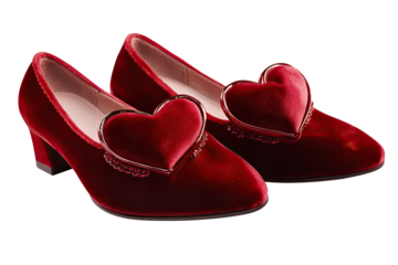 Stylish red velvet shoes with heart-shaped embellishments, perfect for special occasions.