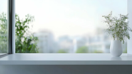 Fototapeta premium White Windowsill With Plant View Of City