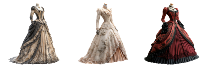 Elegant ballroom gowns in historical fashion isolated on transparent PNG image perfect for costume design or period storytelling