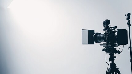 Professional cinema camera rig with matte box, monitor, and microphone on a plain white background