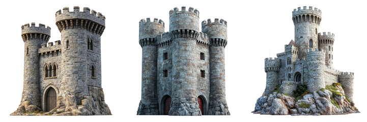 Fantasy castle towers with blue rooftops isolated on transparent PNG image perfect for game environments or medieval scenes