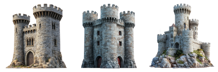 Fantasy castle towers with blue rooftops isolated on transparent PNG image perfect for game environments or medieval scenes