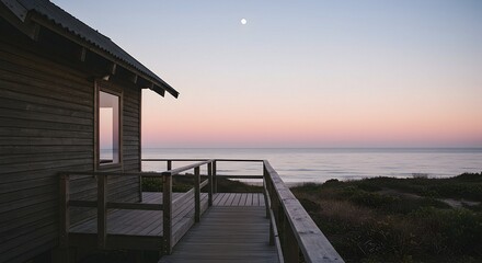 Cabin Overlooking Ocean at Sunset with Wooden Deck View